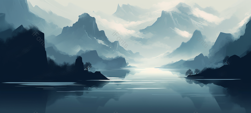 蓝色山水画,简约意境手绘山水,插画/手绘图,插画/手绘图库,插画/手绘图下载,插画/手绘
